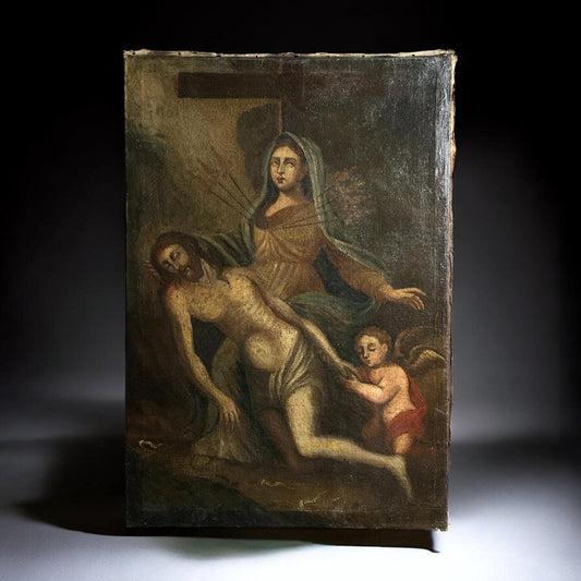 18thc Spanish Baroque Oil Painting – Pietà with Mater Dolorosa and Angel, Spain