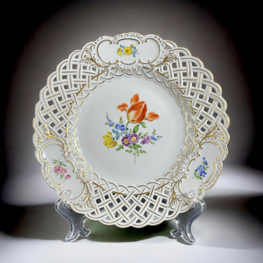 1880–1900,  Meissen pierced porcelain plate – floral décor, gold accents