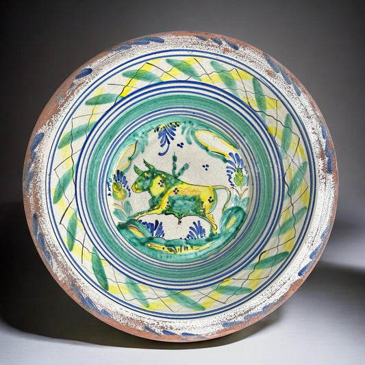 Spanish Triana "Lebrillo" Ceramic Plate with Painted Bull - 15.5in