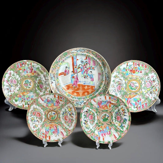 1850-1890, Set of 5 Chinese Famille Rose Export Plates – Rose Medallion