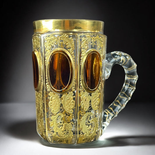 1880, Moser Gilded Tankard – Amber Panels & Raised Gold, Bohemia