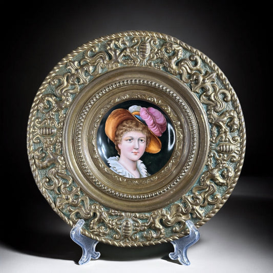 1890, Portrait Plaque - Hand-Painted Porcelain with Ornate Brass Frame, 19th Century