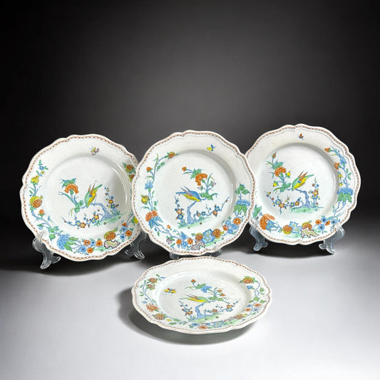 Rare Set of 4 Italian Faience “Piatto Uccellino” Plates, Hand-Painted, 19th Century