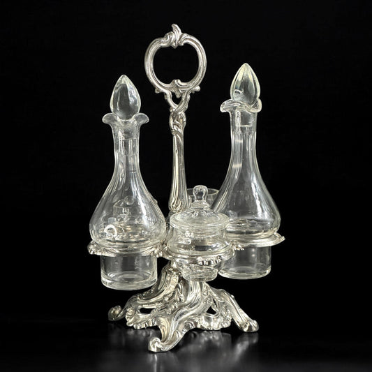 1890s, Antique French Silver-Plated Rococo Cruet Set with Five Glass Inserts, Marked “Déposé”,