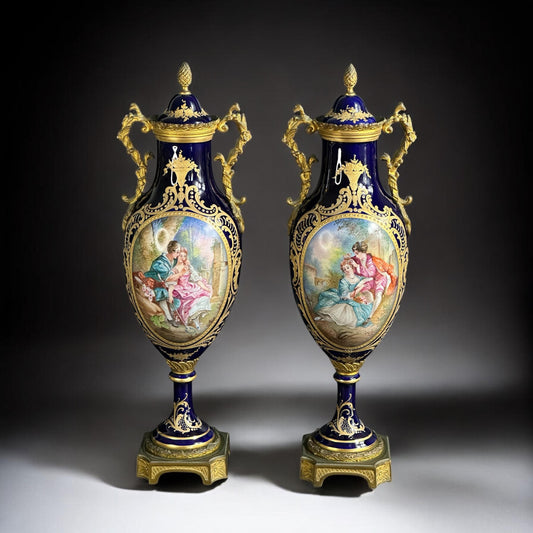 Pair of Antique French Sèvres Porcelain Vases with Gilt Bronze Mounts, 19th Century