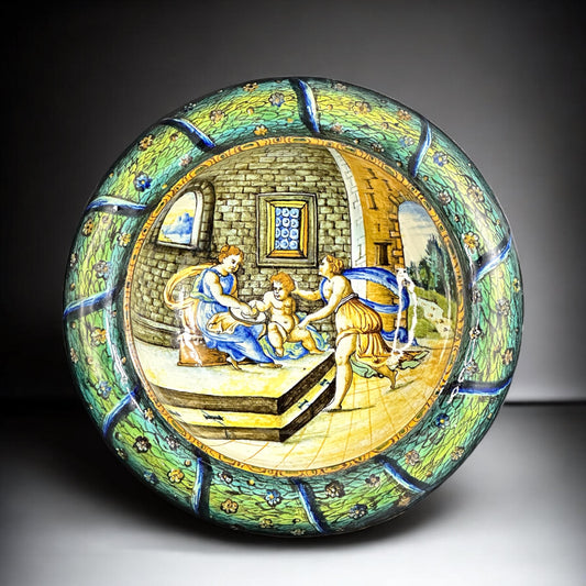 19th Century, Italian Cantagalli Maiolica Charger with Istoriato Scene and Rooster Mark