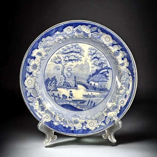 c. 1830 English Blue & White Transferware Plate with Pastoral Scene and Floral Border