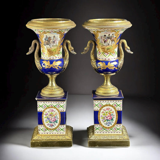 1870s, Pair of Antique French Sèvres staly Porcelain Vases, Napoleon III Theme