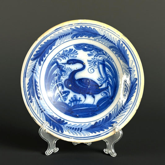 18th Century Spanish Talavera Blue and White Faience Charger with Bird and “Helechos y Palmeta” Decoration