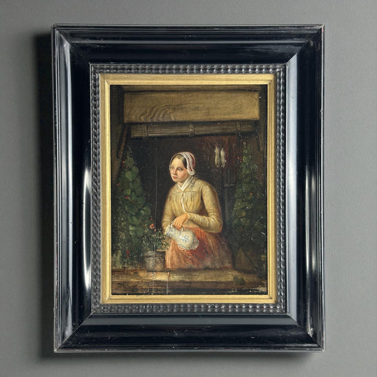 c.1750 - Escuela Holandesa Óleo sobre tabla "Niña en la ventana con jarra de Delft"