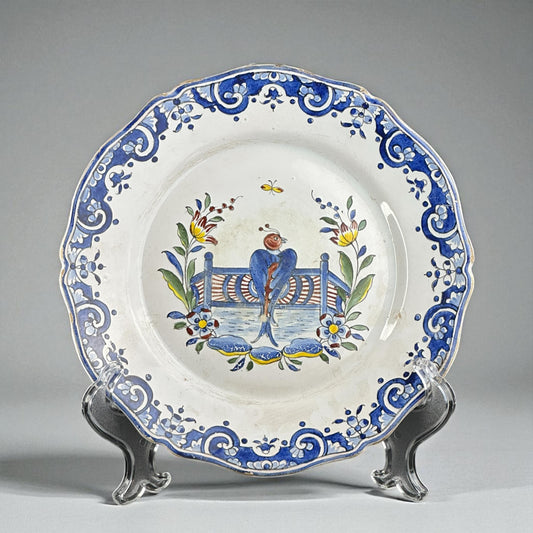 Late 19th Century, French Faience Plate, Rouen Style, Hand-Painted Bird and Floral Motif, Marked “A D”