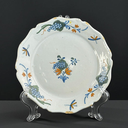 18th Century, French Faience Plate, La Rochelle, Polychrome Grapevine Decoration