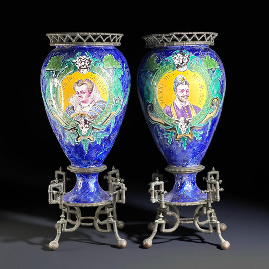 c.1880-1895 - Pair of French Longwy-Style Vases on Patinated Bronze Bamboo Mounts, A. Giroux Paris, Portraits of Henri III