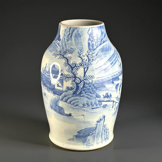 19世纪中国青花罐 – 手绘山水场景，大型 31 厘米（12.2 英寸）