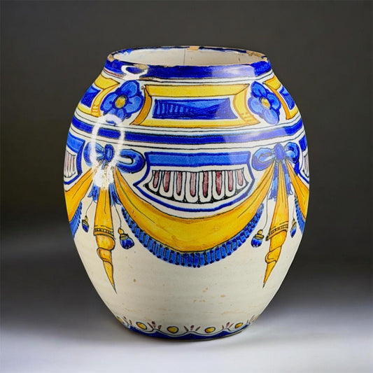 Late 19th - Early 20th Century Spanish Hand-Painted Majolica Vase with Drapery Motif