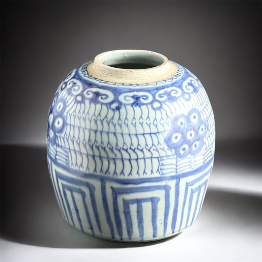 19th Century, Qing Dynasty Chinese Blue and White Porcelain Ginger Jar