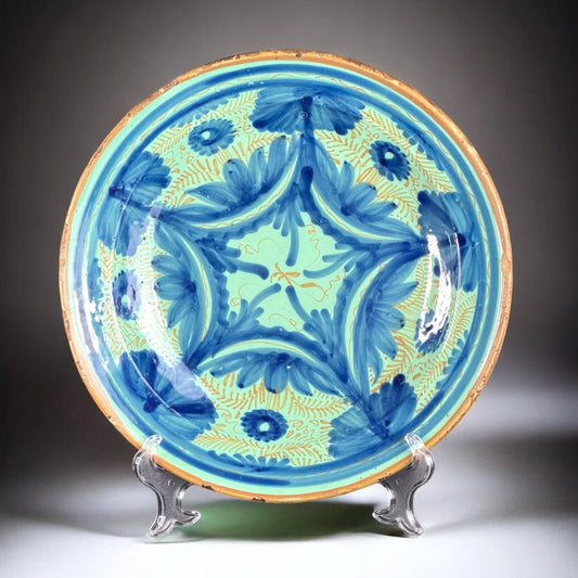 19th Century, Large Manises Turquoise Glazed Majolica Plate, 12,2in