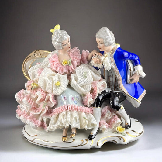 1950s Dresden Lace Porcelain Figurine, German Rococo Couple, Hand-Painted, Lace Dress, 5.5in