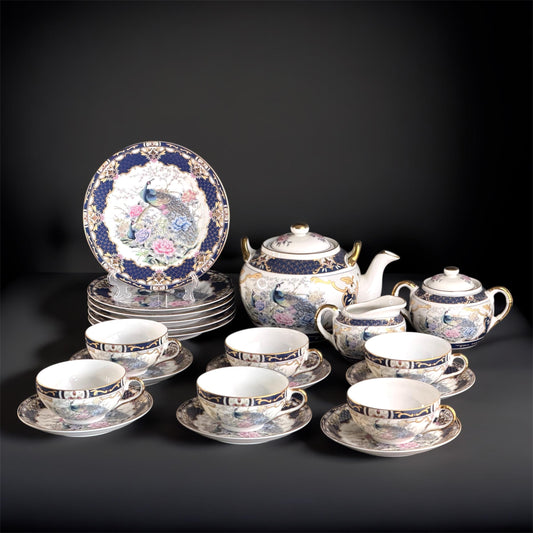 Juego de té Maruko japonés de litofanía con geisha para 6 personas - Porcelana dorada con pavos reales y peonías