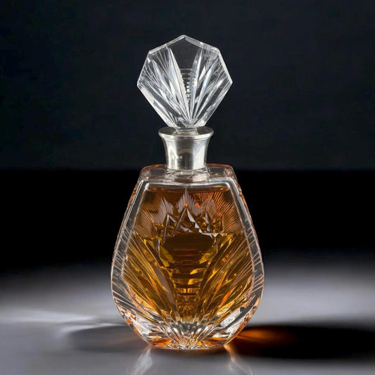 Decantador de cristal tallado europeo raro con cuello de plata y tapón facetado, c. 1930