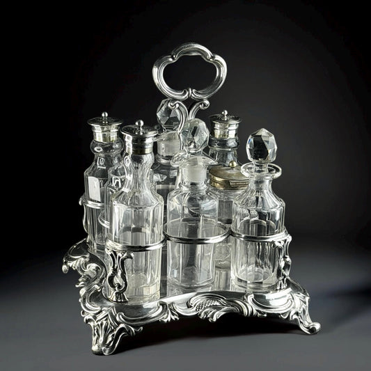 19th Century, EPNS Rococo Cruet Set with 8 Glass Bottles, 1860–1890