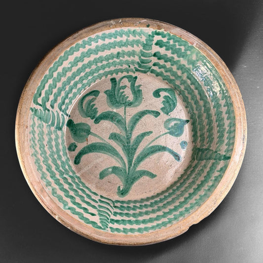 18-19世纪，超大Fajalauza陶器（Lebrillo），25英寸，格拉纳达绿彩陶碗 – 博物馆级西班牙古董陶器