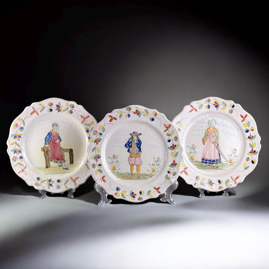 c.1875–1897, Malicorne PBx Breton Hand-Painted Plates, France, 9.84in - Set of 3