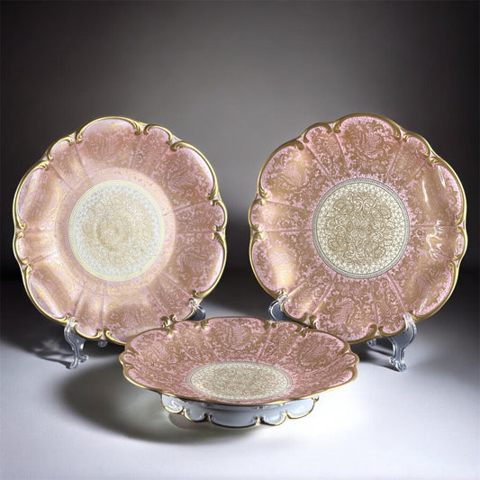 Set of 3 Irschenreuth Bavaria P.T. Pink Lustre & Gold Rococo Plates, 1920s–1930s