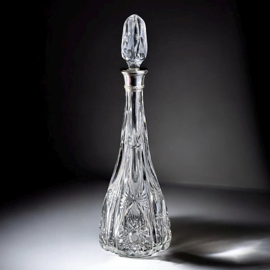 c.1900–1920 Licorera de Cristal Tallado Brillante con Collar de Plata Montado, Marca de Estrella, 15.3in