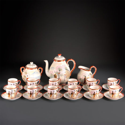 1920s, Japanese Satsuma Tea Set for 12 – Hand Painted Geisha, Gilded Porcelain