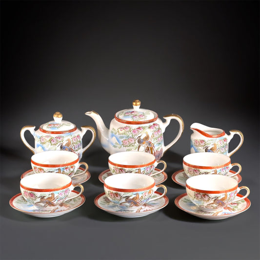 Juego de té para 6 Kutani Lithophane Geisha – Pájaros y flores pintados a mano, porcelana japonesa dorada