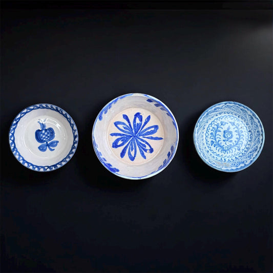 Set of 3 Fajalauza Granada Blue & White Bowls - Spanish Pottery, Andalusian Cobalt Majolica