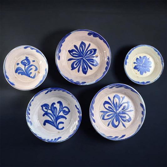 19th Century, Set of 5 Fajalauza Granada Blue & White Lebrillos - Spanish Majolica