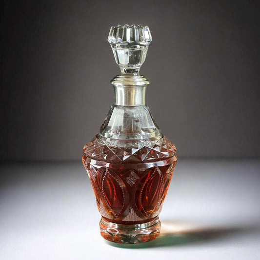 c.1890–1910 Jarra decantadora de cristal tallado antiguo con collar de plata, austrohúngara / alemana