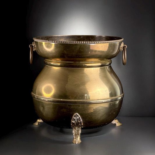 Antique 19th Century Brass Jardinière with Rare Hoof Feet – Heavy Cast Brass Planter
