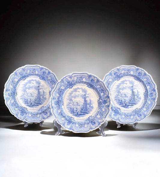 c.1835–1860 “Acropolis” Blue Transferware Plates, Set of 3, England, 9.4in