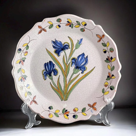 c.1875–1897 Malicorne PBx Hand-Painted Iris Plate, France, 9.84in