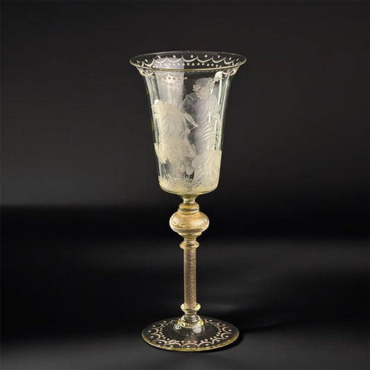 Cáliz bohemio grabado soplado a mano con cazador y caballo, 24 cm, c. 1830-1860