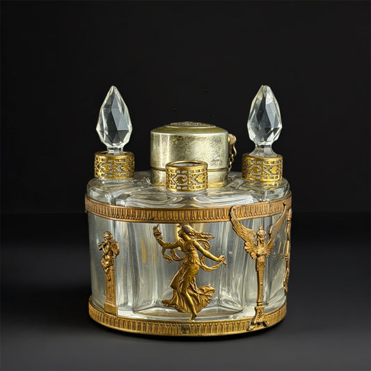 1890 French Ormolu Perfume Set with 4 Bottles – ARYS Paris “Fox-Trot” Labels – Rare Neo-Empire – 4.3 in