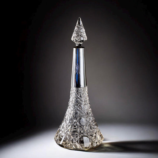 Decantador de cristal tallado alemán "Brilliant Cut" con cuello de plata de ley 925, c. 1900, 36.3 cm