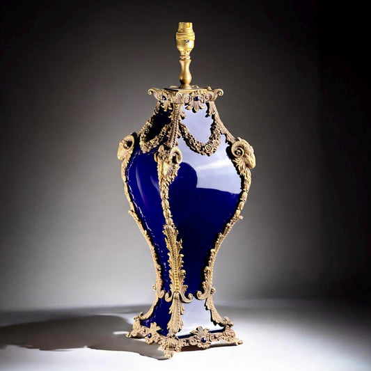 c.1920 French Sèvres-Style Cobalt Glass & Ormolu Table Lamp with Ram Heads, 22in