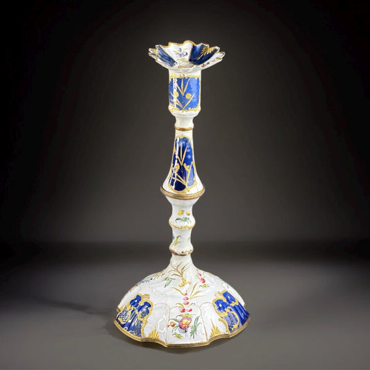 c.1765–1775 South Staffordshire / Bilston Enamel Candlestick, Rare Museum Quality, 11.22in