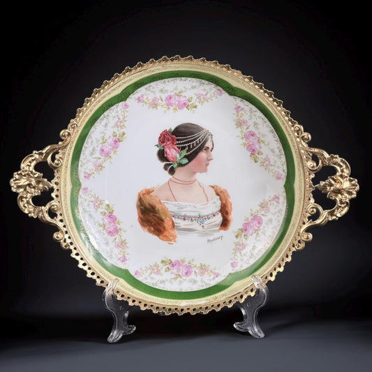 Large Royal Vienna Style Porcelain Portrait Plate in Gilt Metal Frame, 15in