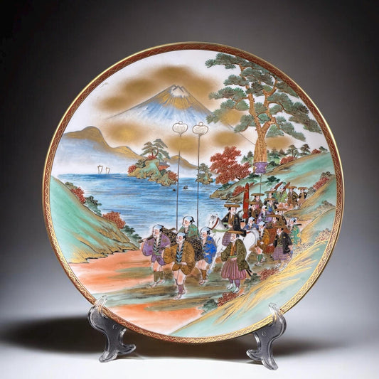 c.1890–1910 Japanese Satsuma Hand-Painted Plate with Samurai Procession, Meiji Period, 12in