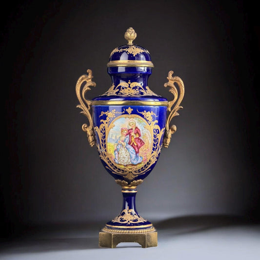 c.1880–1900 French Sèvres-Style Cobalt Blue Porcelain Urn with Gilt Decoration, Paris, 11in