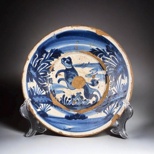 Early 18th Century Catalan Faixes Plate with Hare - Plato de Faixes o Cintes con Liebre - Spanish Majolica - 7.8 in