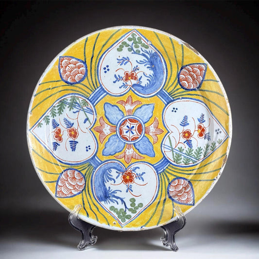 18th Century Dutch Delft Yellow-Ground “Four Hearts” Large Plate, Polychrome Delftware, 14in