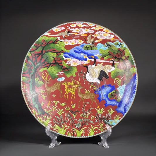 约1915-1935年 中国景泰蓝大盘 13.4英寸 - 鹤鹿松 - 长寿象征