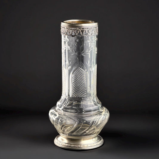 Florero de cristal fino soplado a mano francés con monturas de plata maciza, marca Minerva, c.1890, 24,9 cm