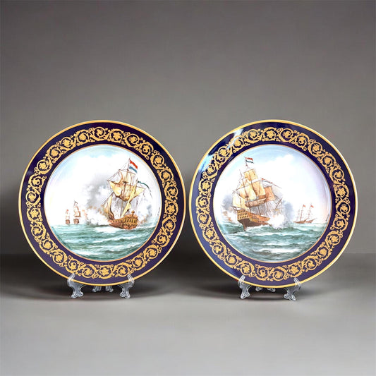 c.1920s  Pair of Sèvres-Style Hand-Painted Naval Battle Plates, Artist Signed Semone, 10in